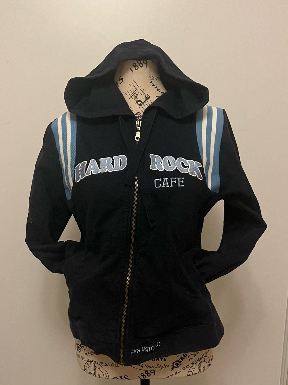 Hard Rock Cafe Black Hoodie with Light Blue & White Shoulder Stripes
